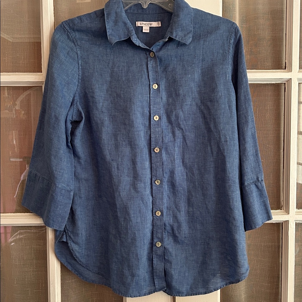 Chicos Top Womens SZ 6 Blue 100% Linen Chambray Button Front 3/4 Sleeves Casual - Picture 1 of 7